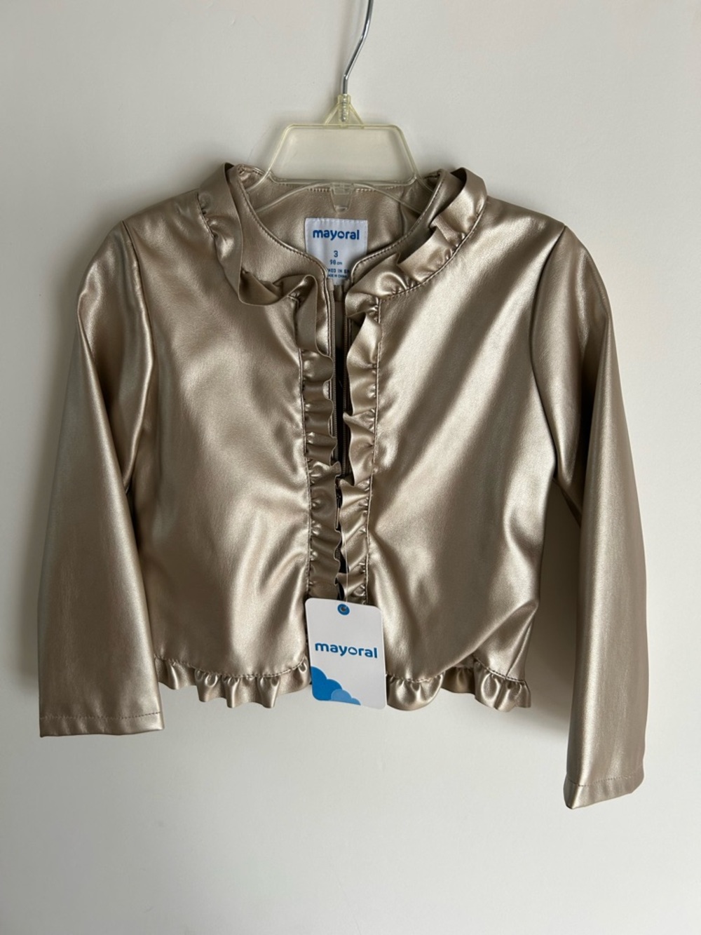 Very Cool’ Mayoral Metallic Pleather Gold Ruffle-Trim Girls Jacket. NWT.